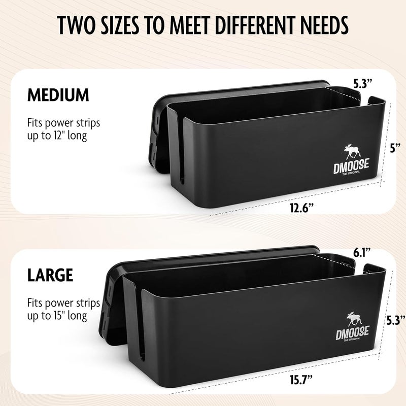 DMoose  Cable Management Box - 2 Pack Medium & Large Cord Organizer for Desk & Floor, Cable Organizer Box for Child & Pet - Hider for Tidy Office & Home (Wood Print Lid, Black, Pack of 2) - Image 2